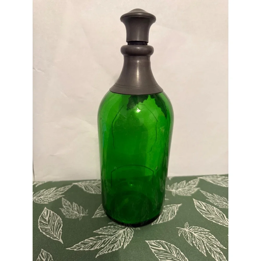 Vintage Emerald Green Glass Decanter with Pewter Grape Cluster Metal Collar 10in